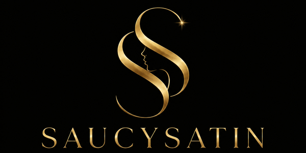 Gold logo and text of 'SaucySatin' on a black background